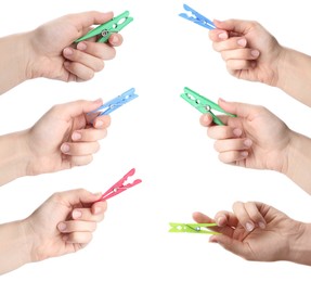 Collage with photos of women holding different bright clothespins on white background, closeup