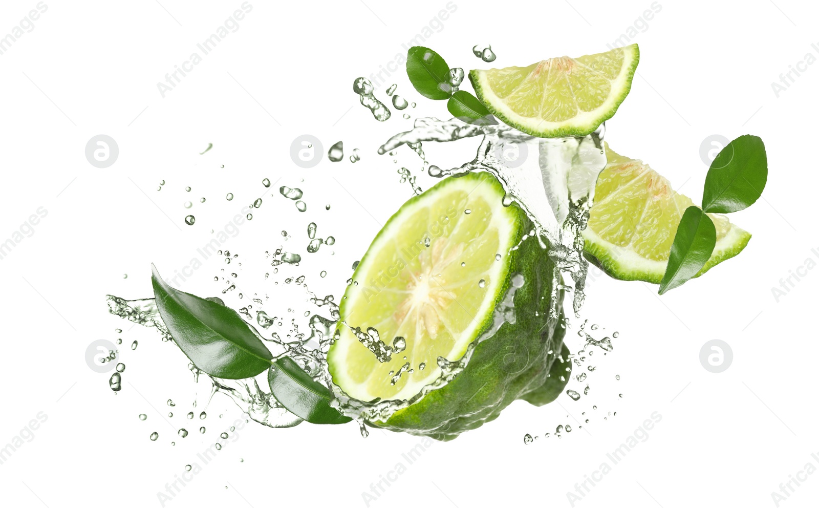 Image of Fresh ripe bergamot fruits, green leaves and splashing water on white background