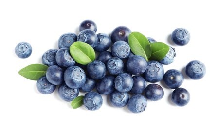 Fresh raw tasty blueberries with leaves isolated on white, top view