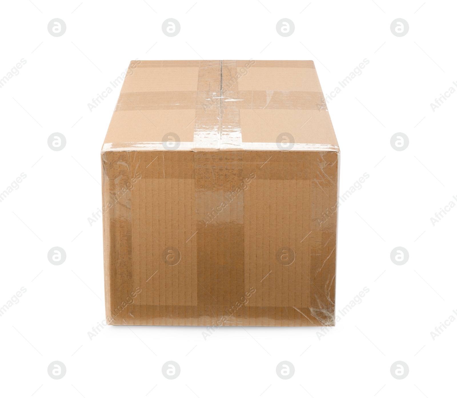 Photo of One closed cardboard box on white background