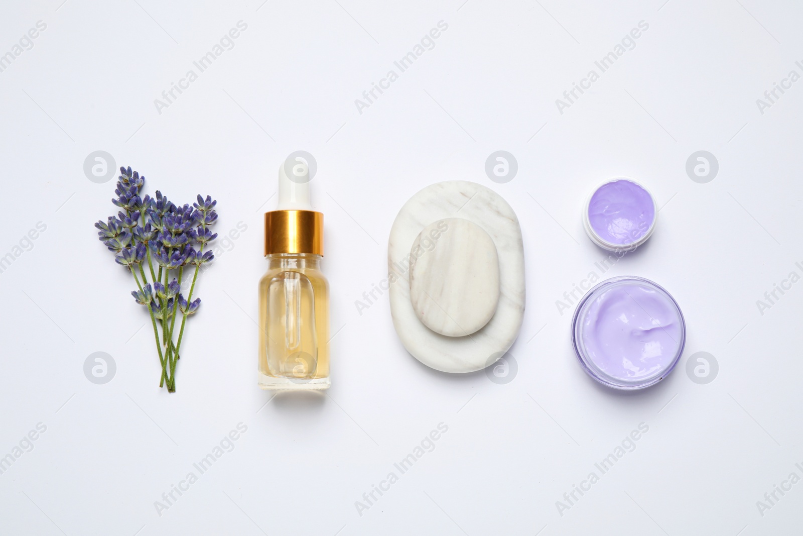 Photo of Composition with lavender flowers and natural cosmetic products on white background, top view