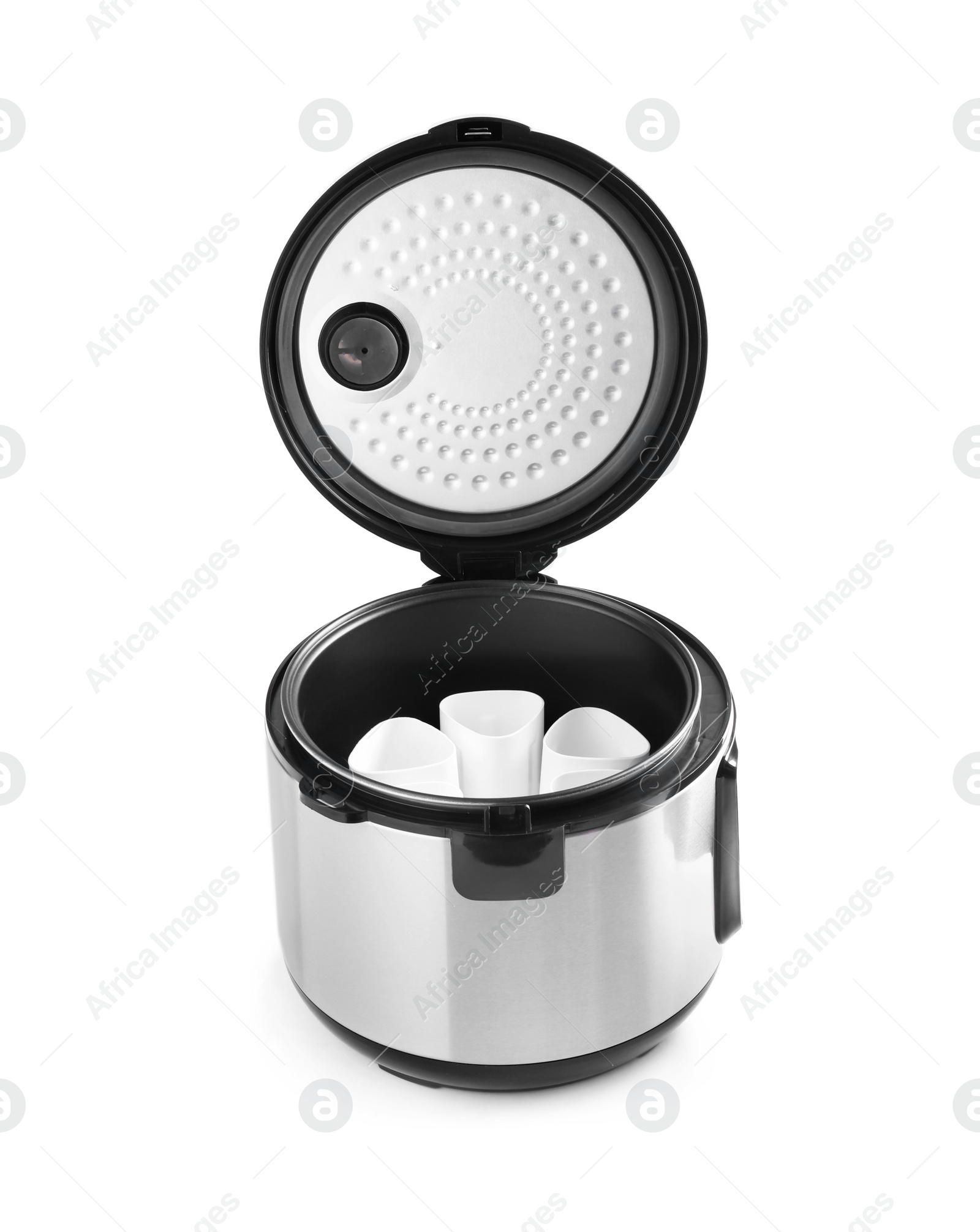 Photo of Modern multi cooker with cups for yogurt isolated on white