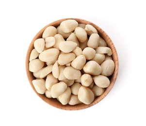 Shelled peanuts in bowl on white background, top view