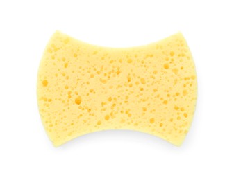 Photo of One yellow sponge isolated on white, top view