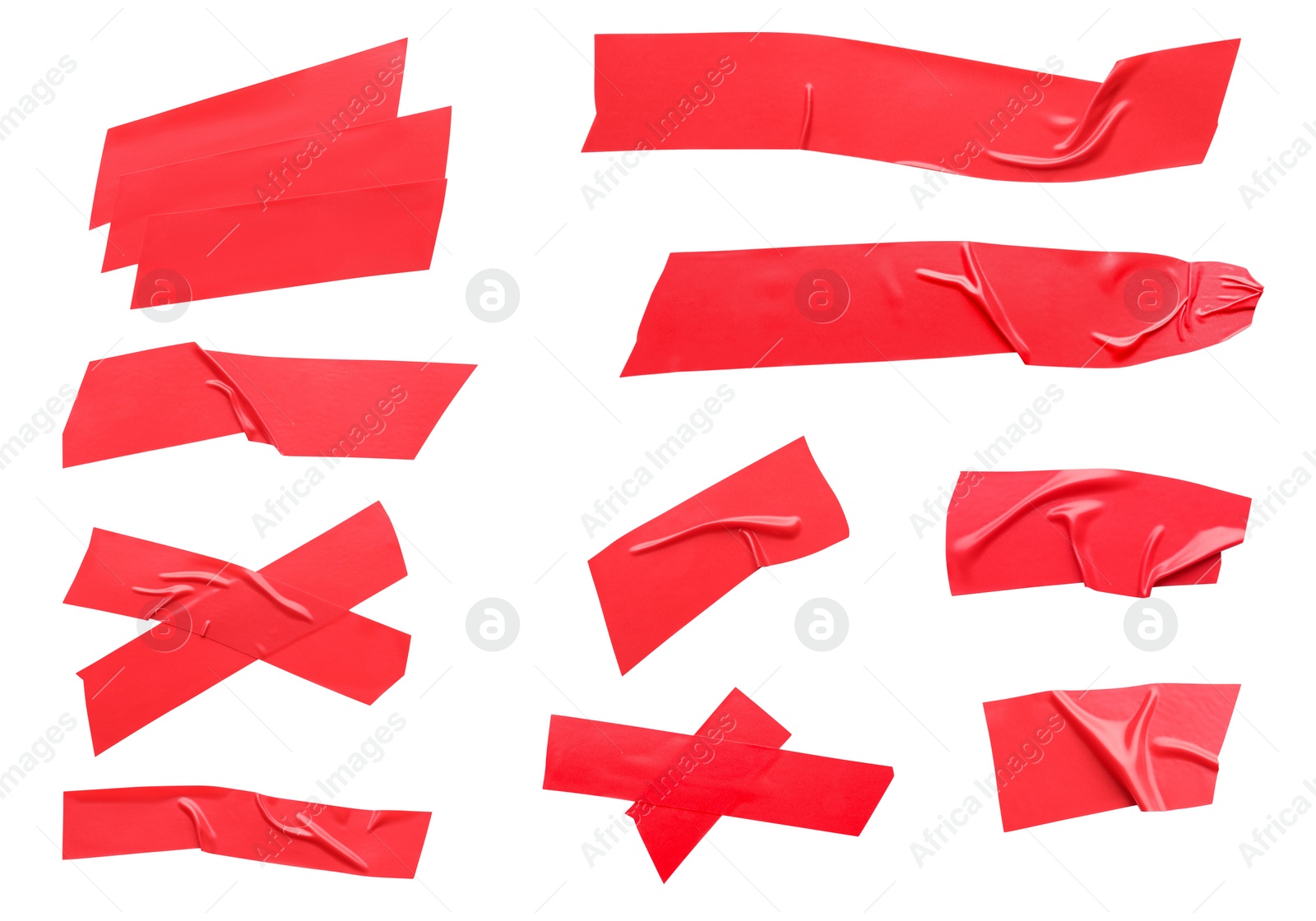 Image of Collage with pieces of red insulating tape on white background