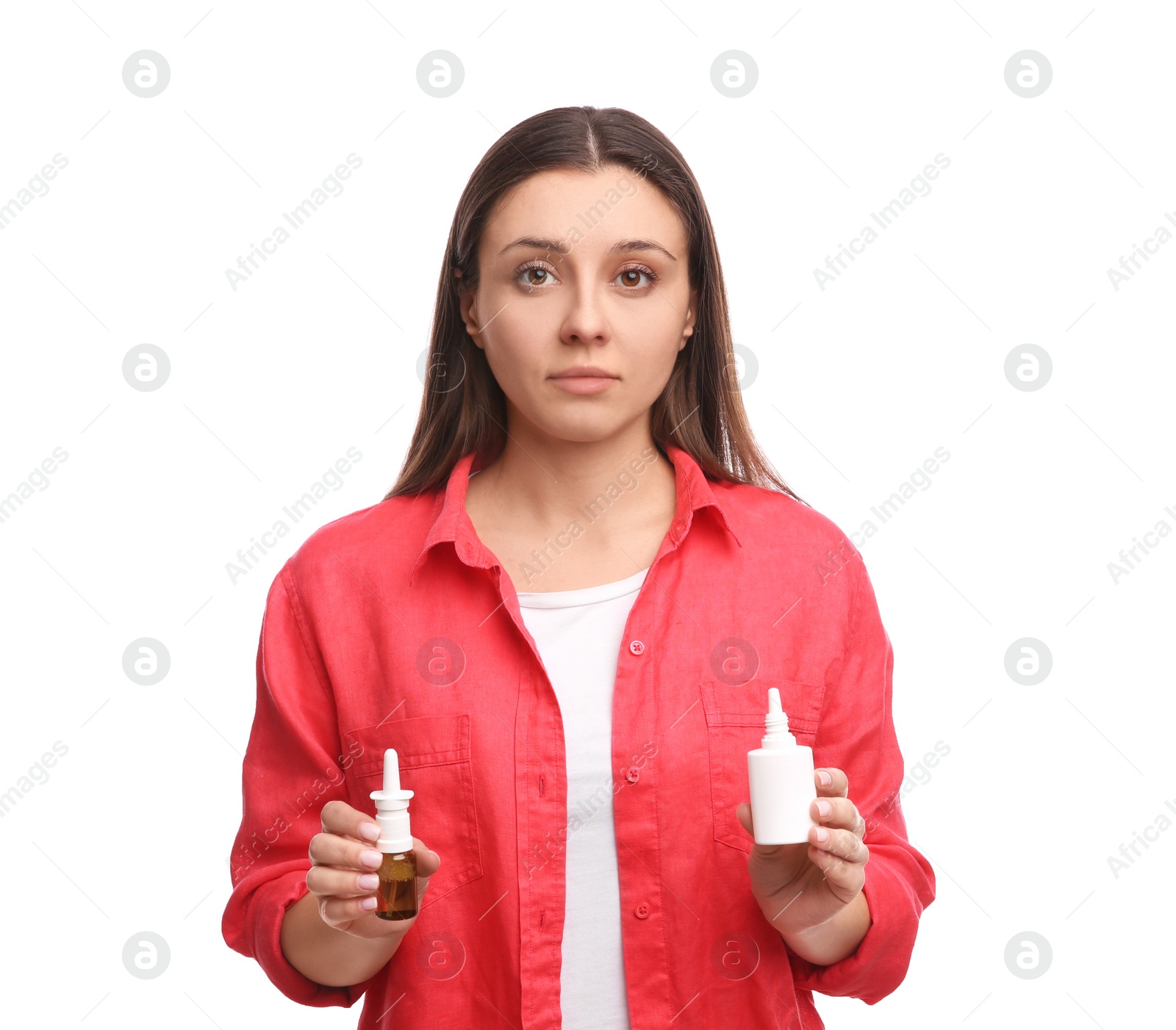 Photo of Woman with nasal sprays on white background