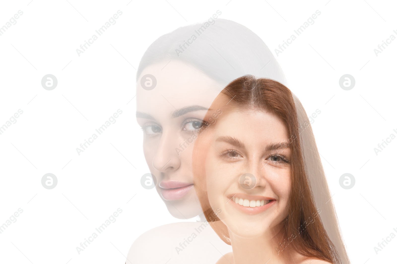 Image of Double exposure of beautiful women on white background