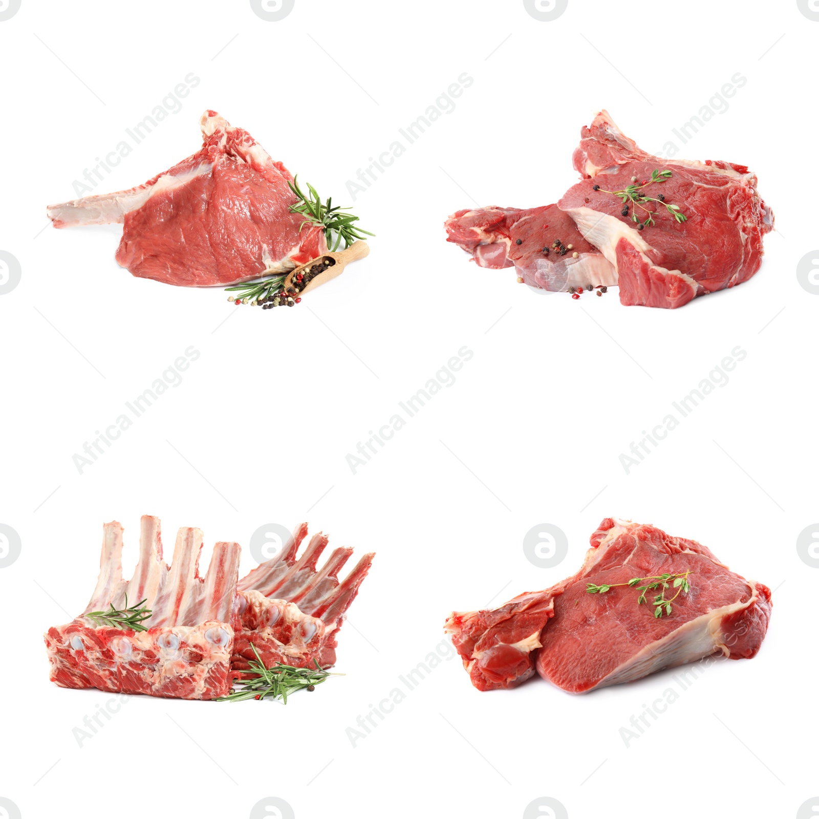 Image of Set with raw meat on white background