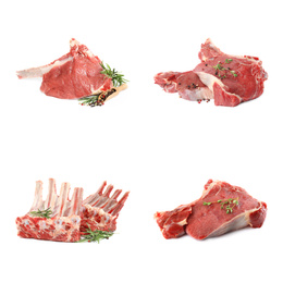 Set with raw meat on white background