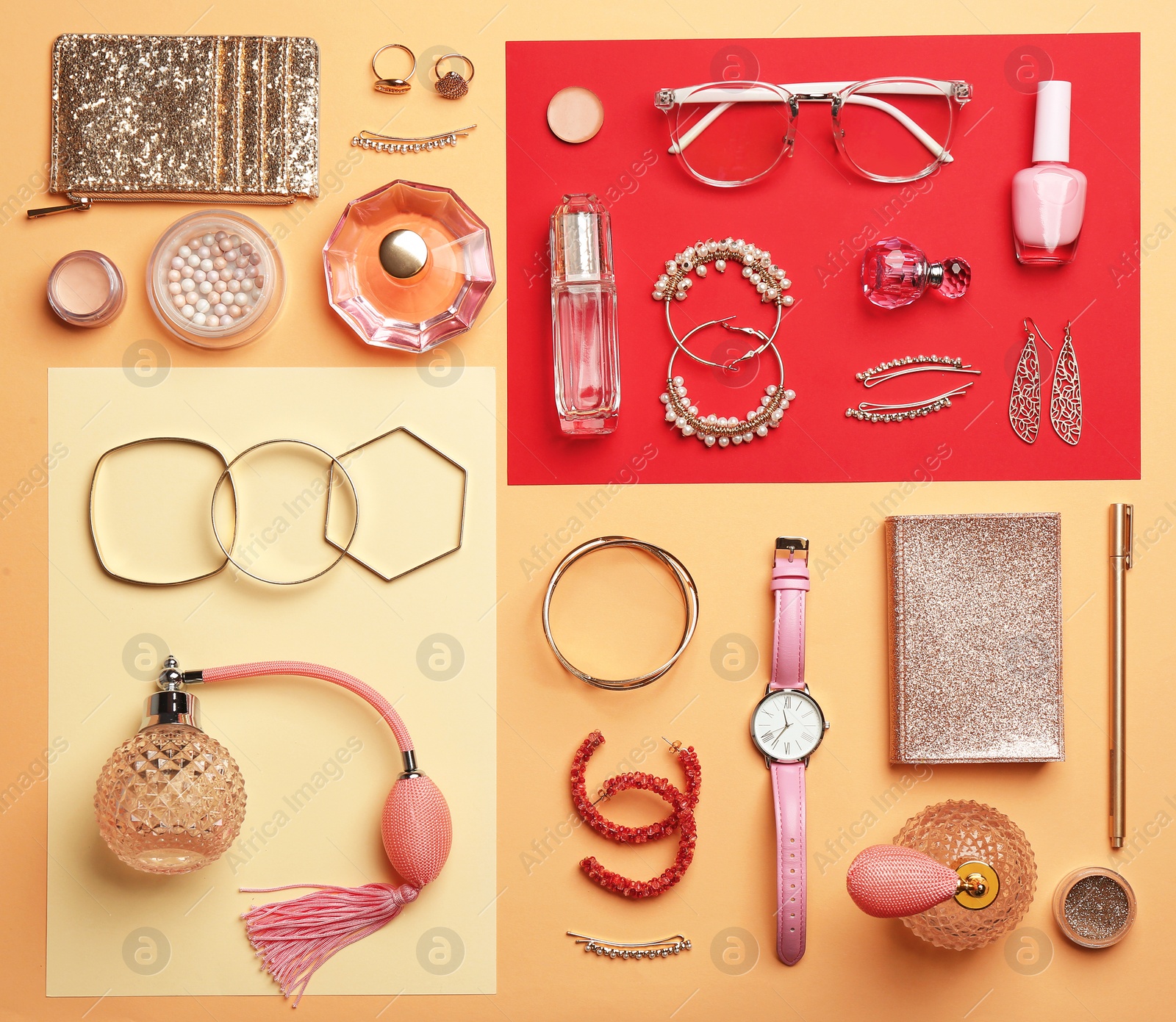 Photo of Flat lay composition with different female accessories and decorative cosmetics on color background