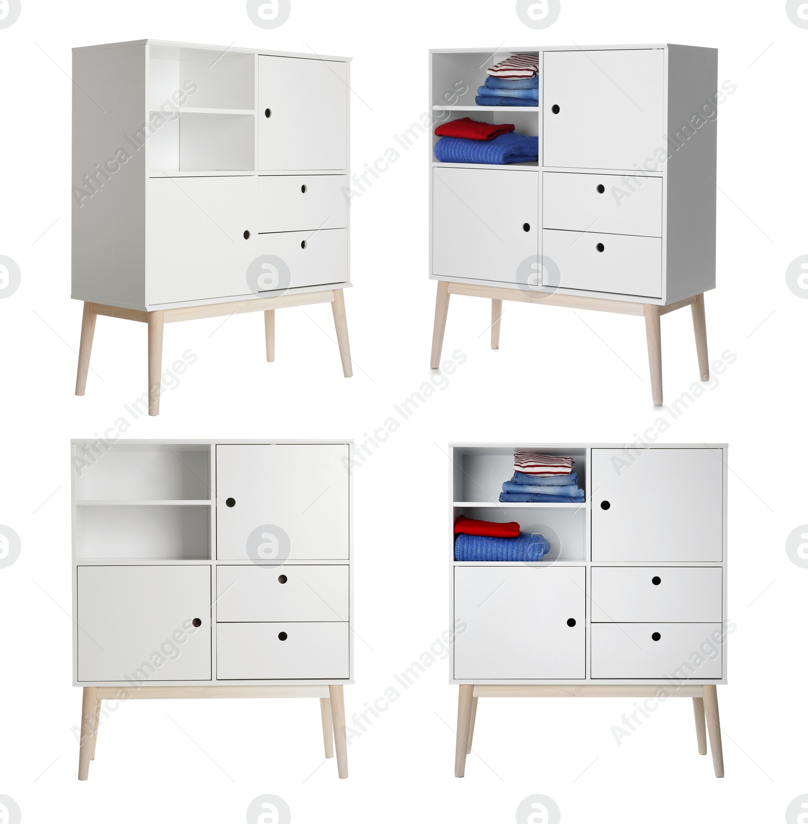 Image of Collage of modern cabinets on white background