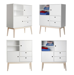 Image of Collage of modern cabinets on white background