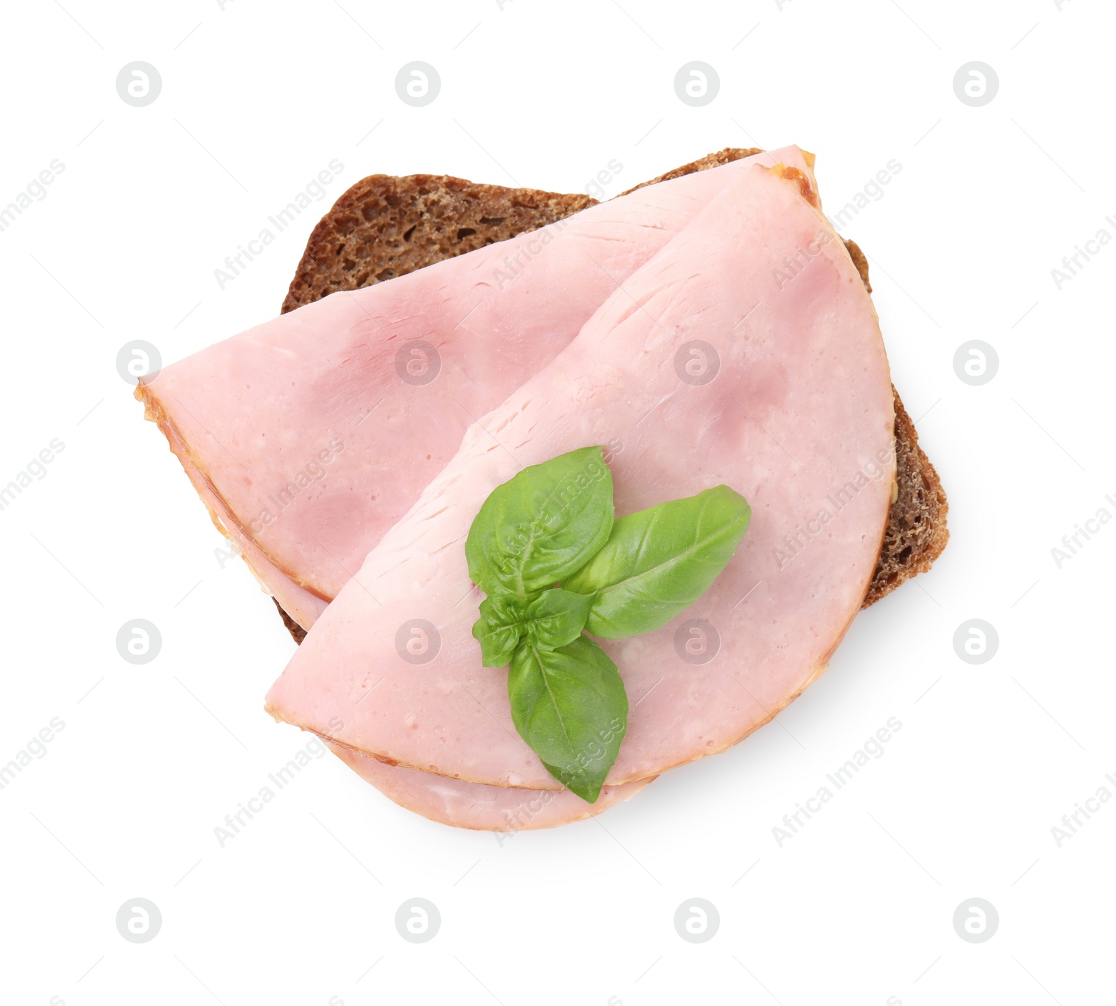 Photo of Delicious sandwich with ham isolated on white, top view