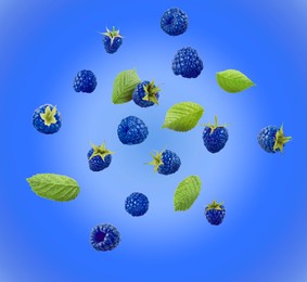 Image of Many fresh blue raspberries and green leaves falling on blue background