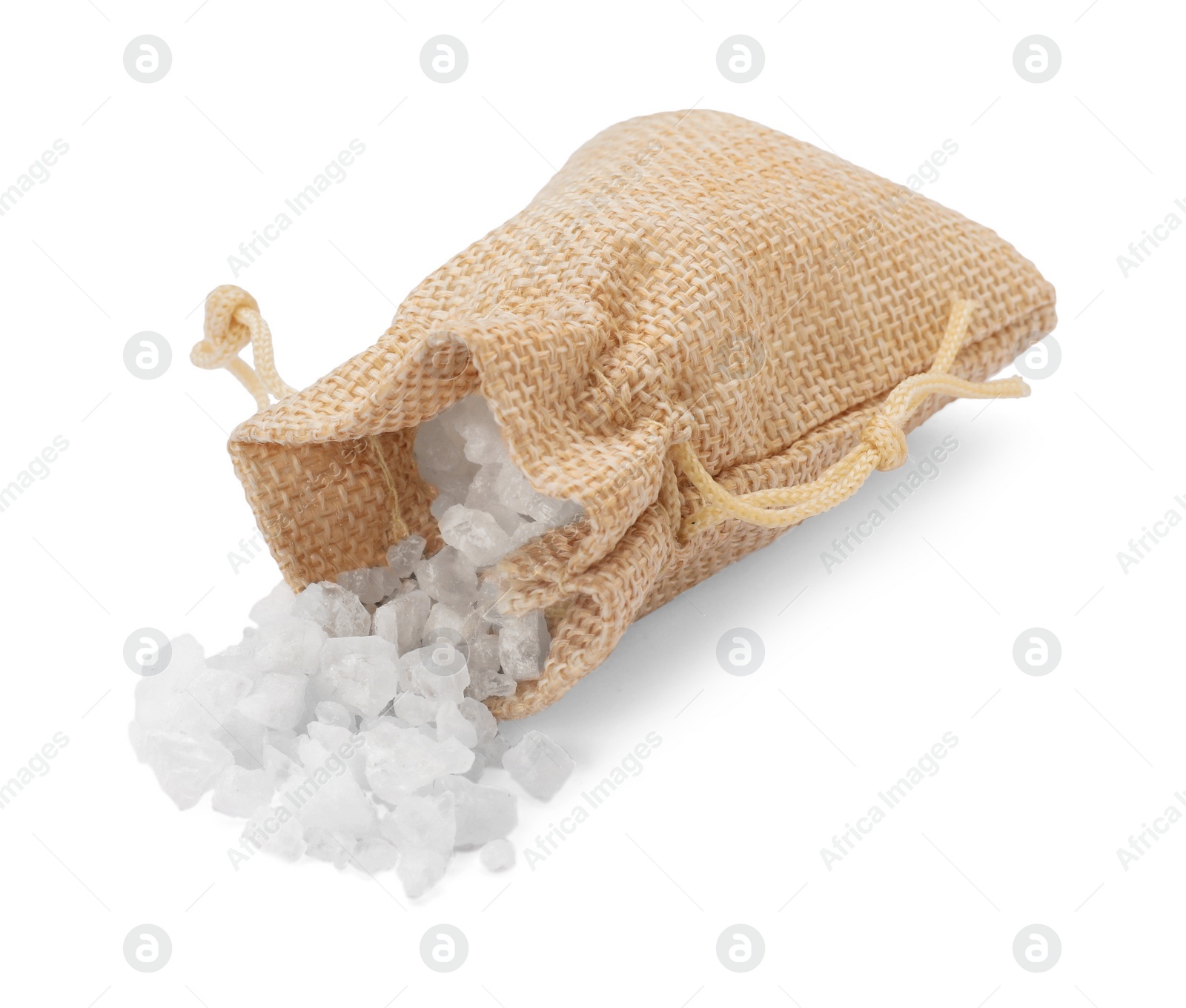 Photo of Burlap bag with sea salt isolated on white