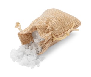 Photo of Burlap bag with sea salt isolated on white