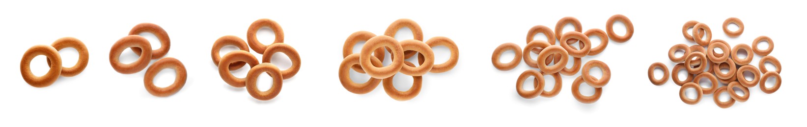 Image of Collage with delicious ring shaped Sushki (dry bagels) on white background, top view. Banner design