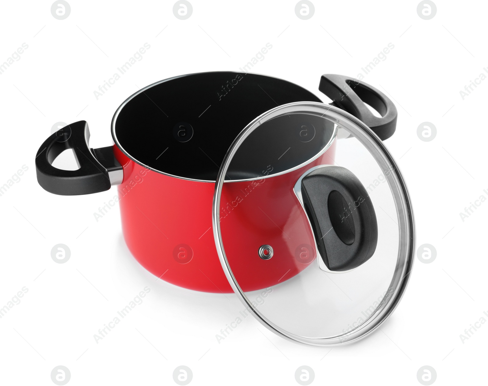 Photo of Modern red clean saucepan with lid isolated on white
