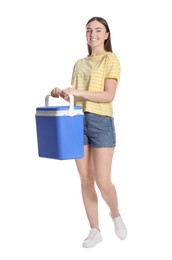 Photo of Happy young woman with plastic cool box isolated on white