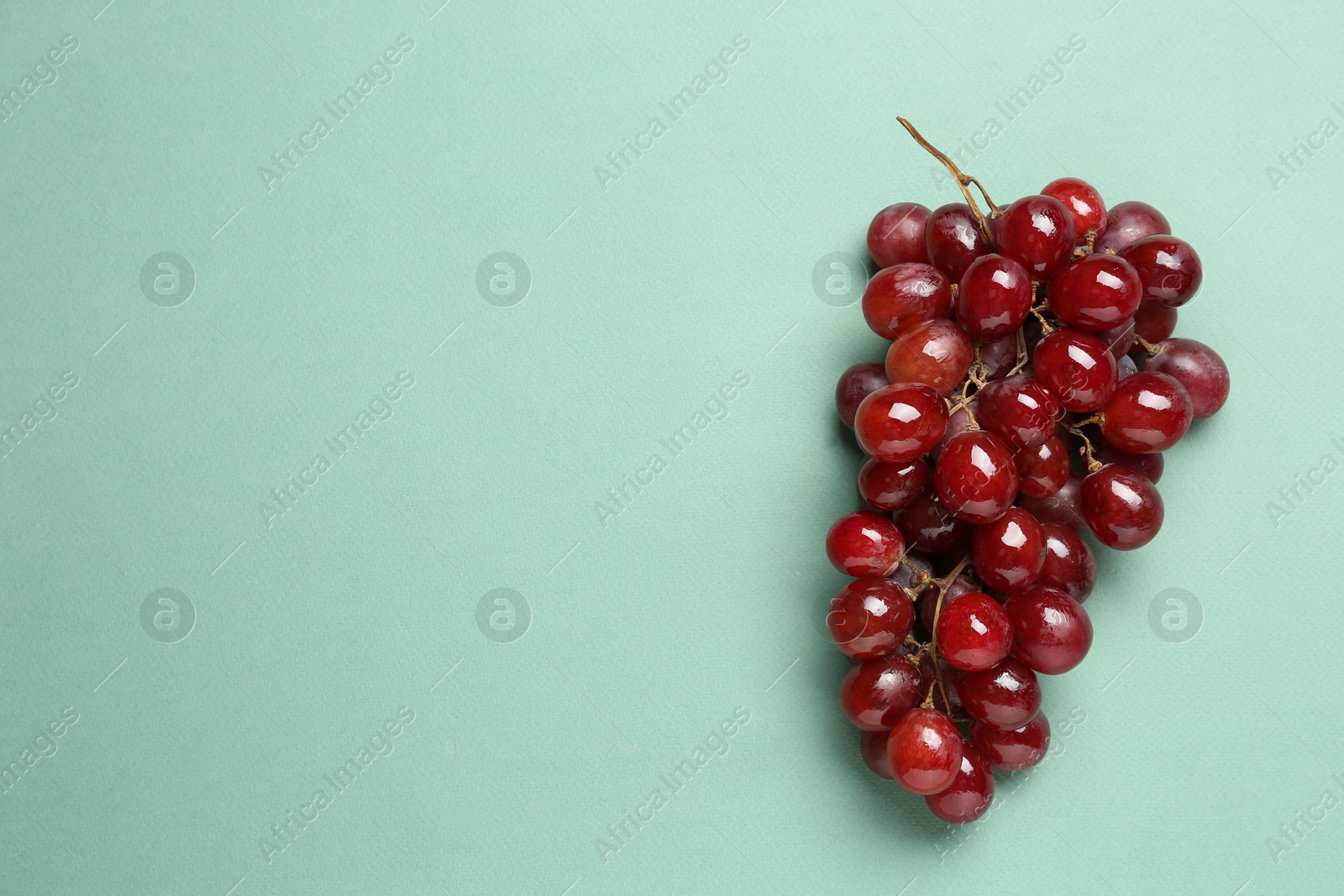 Photo of Fresh ripe grapes on turquoise background, top view. Space for text