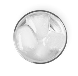 Photo of Glass of soda water with ice cubes isolated on white, top view