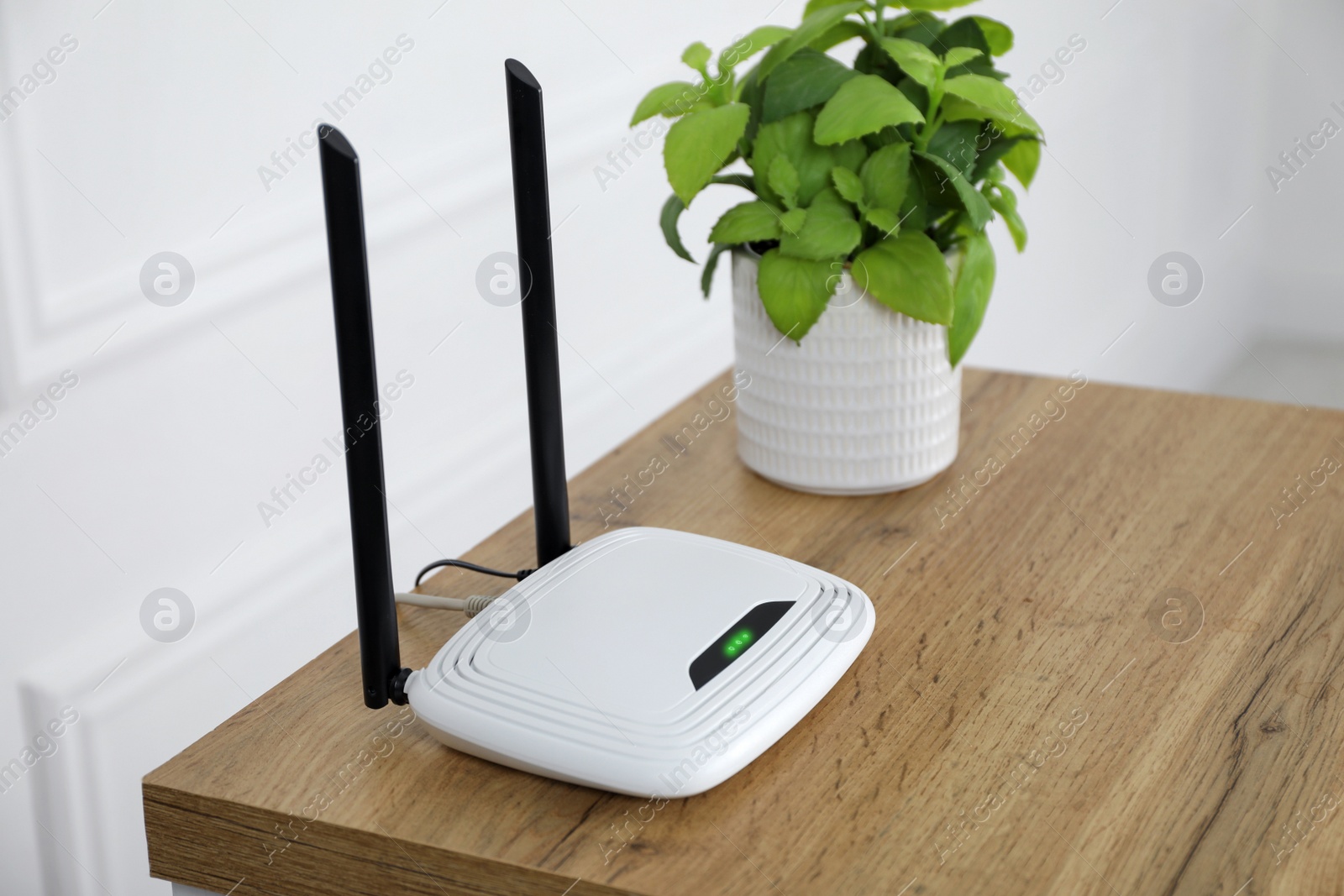 Photo of Wi-Fi router and houseplant on wooden table in room