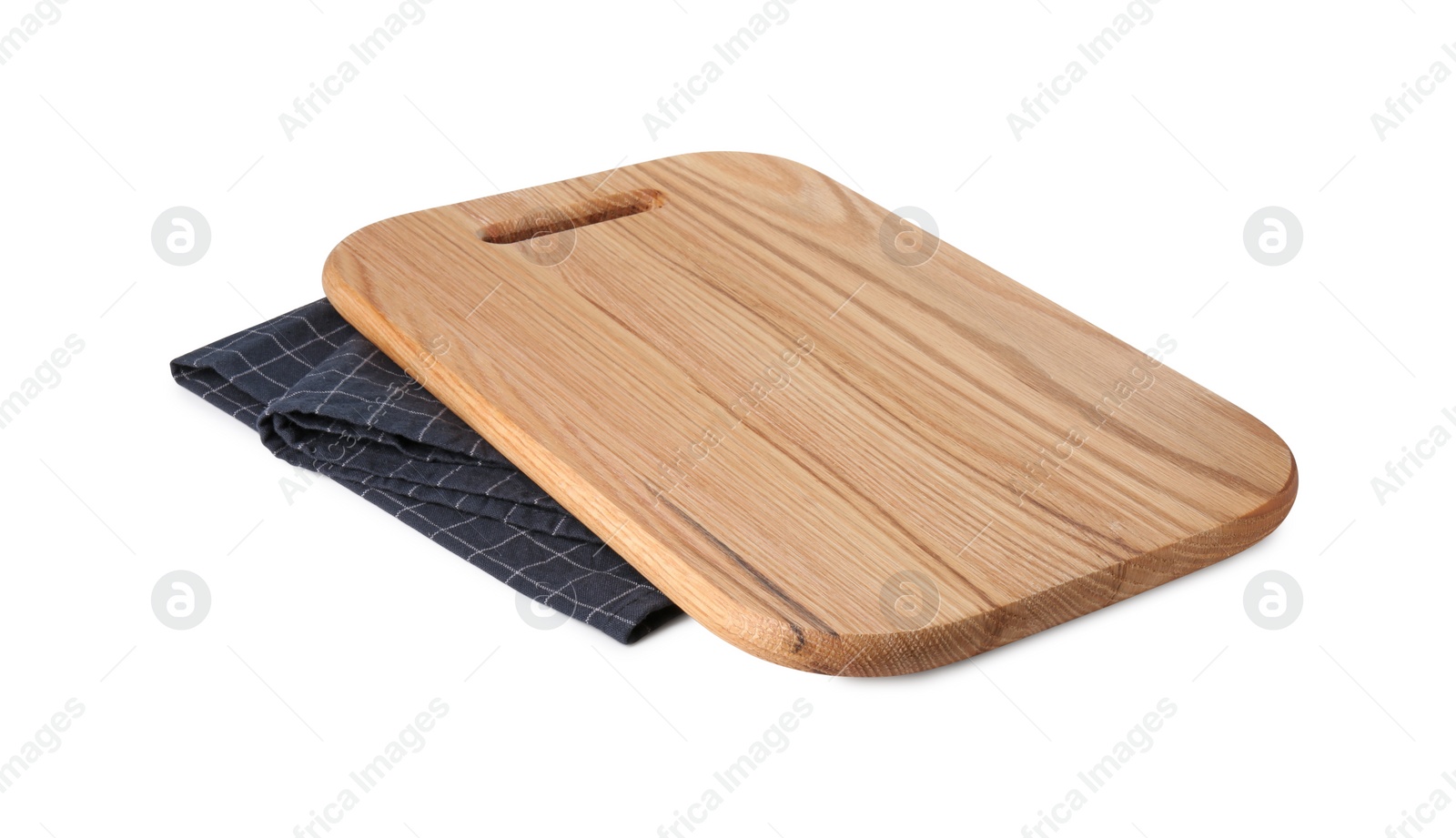 Photo of Wooden cutting board and checkered towel isolated on white