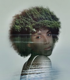 Image of Double exposure of beautiful woman and lake with forest