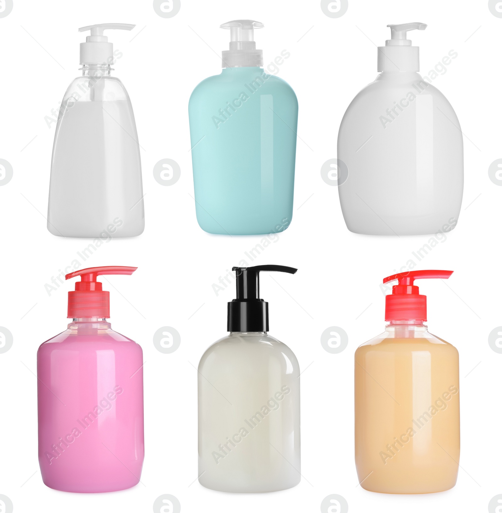 Image of Set with different bottles of liquid soap on white background