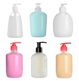 Image of Set with different bottles of liquid soap on white background