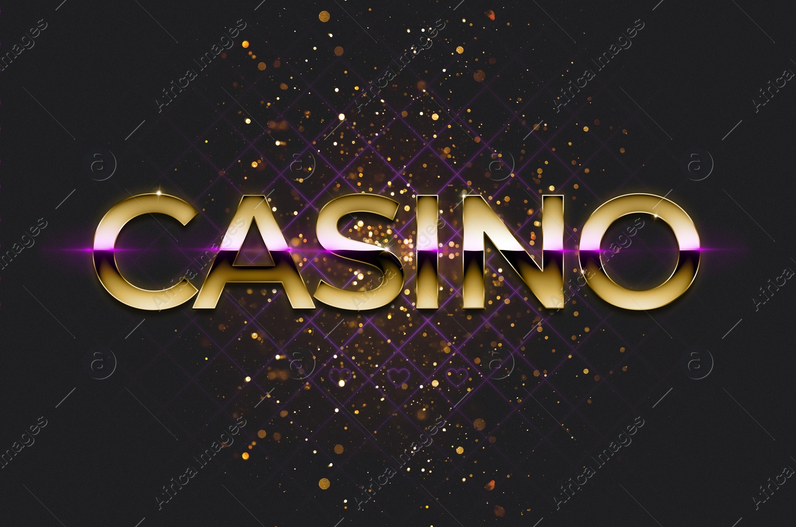 Illustration of Word Casino and shiny golden glitter falling down against black background. Bokeh effect