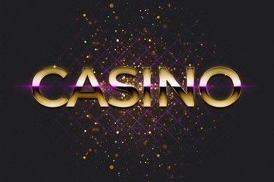 Illustration of Word Casino and shiny golden glitter falling down against black background. Bokeh effect