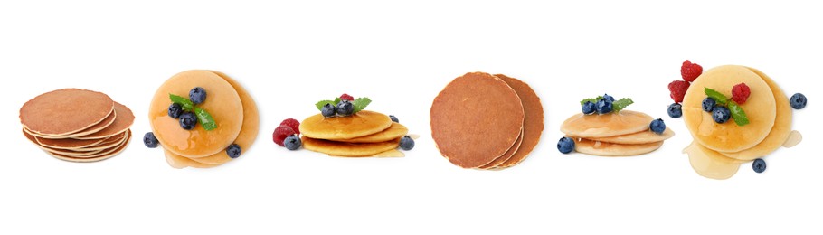 Image of Set of tasty pancakes isolated on white, top and side views