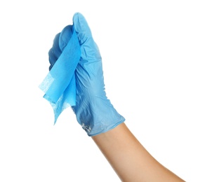 Photo of Doctor in medical glove holding cloth on white background