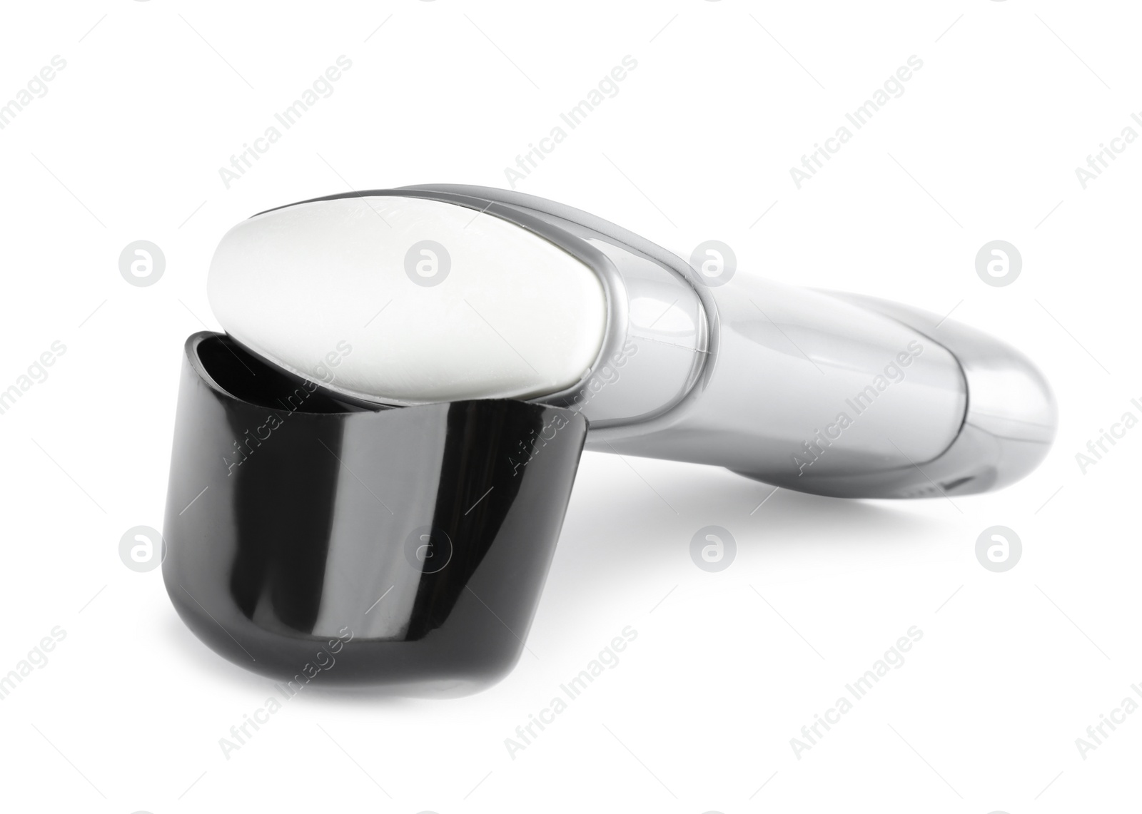 Photo of Open plastic deodorant container on white background