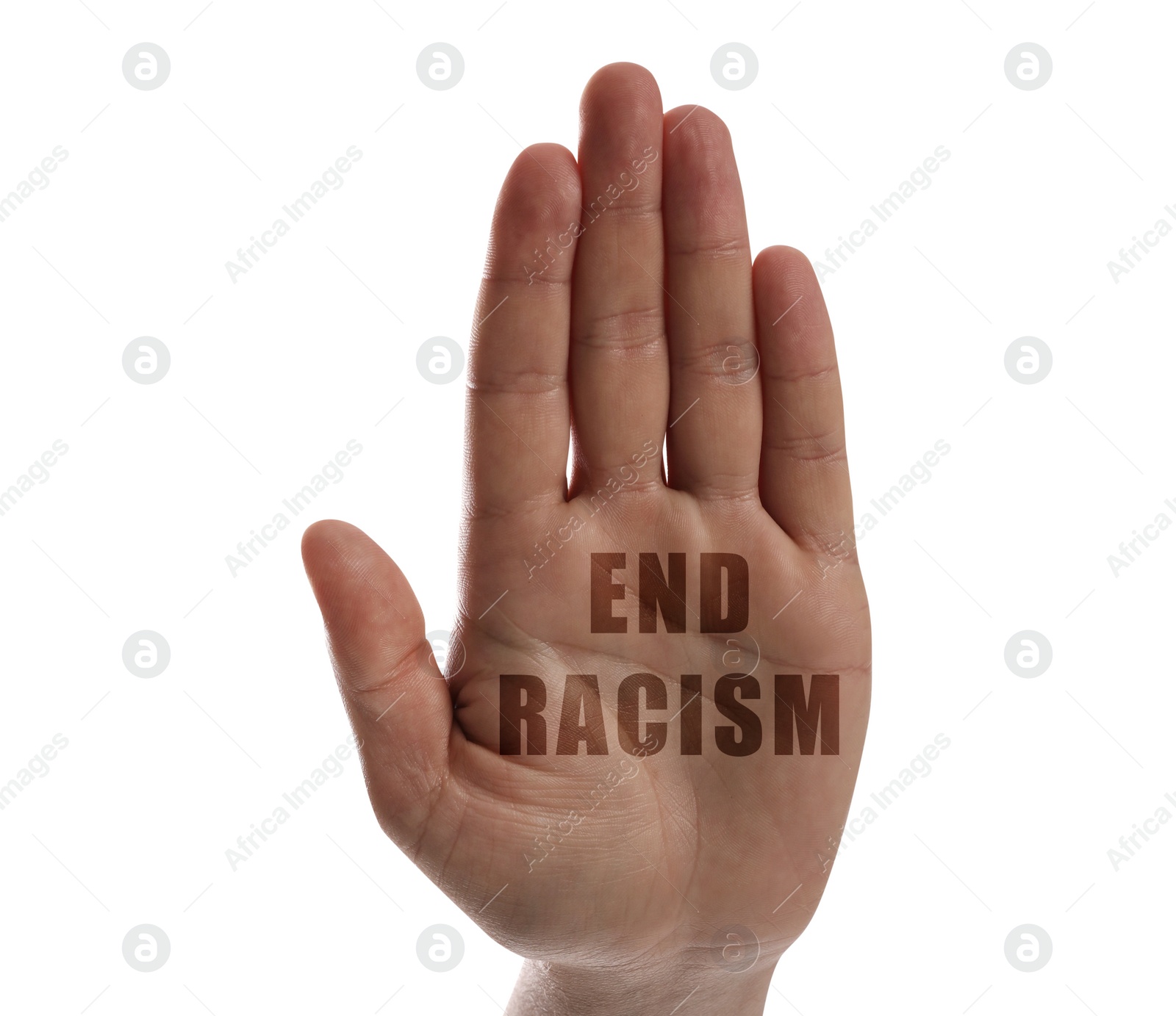 Image of End Racism. Man showing hand on white background, closeup