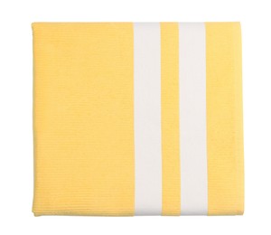 Photo of Folded yellow beach towel on white background, top view