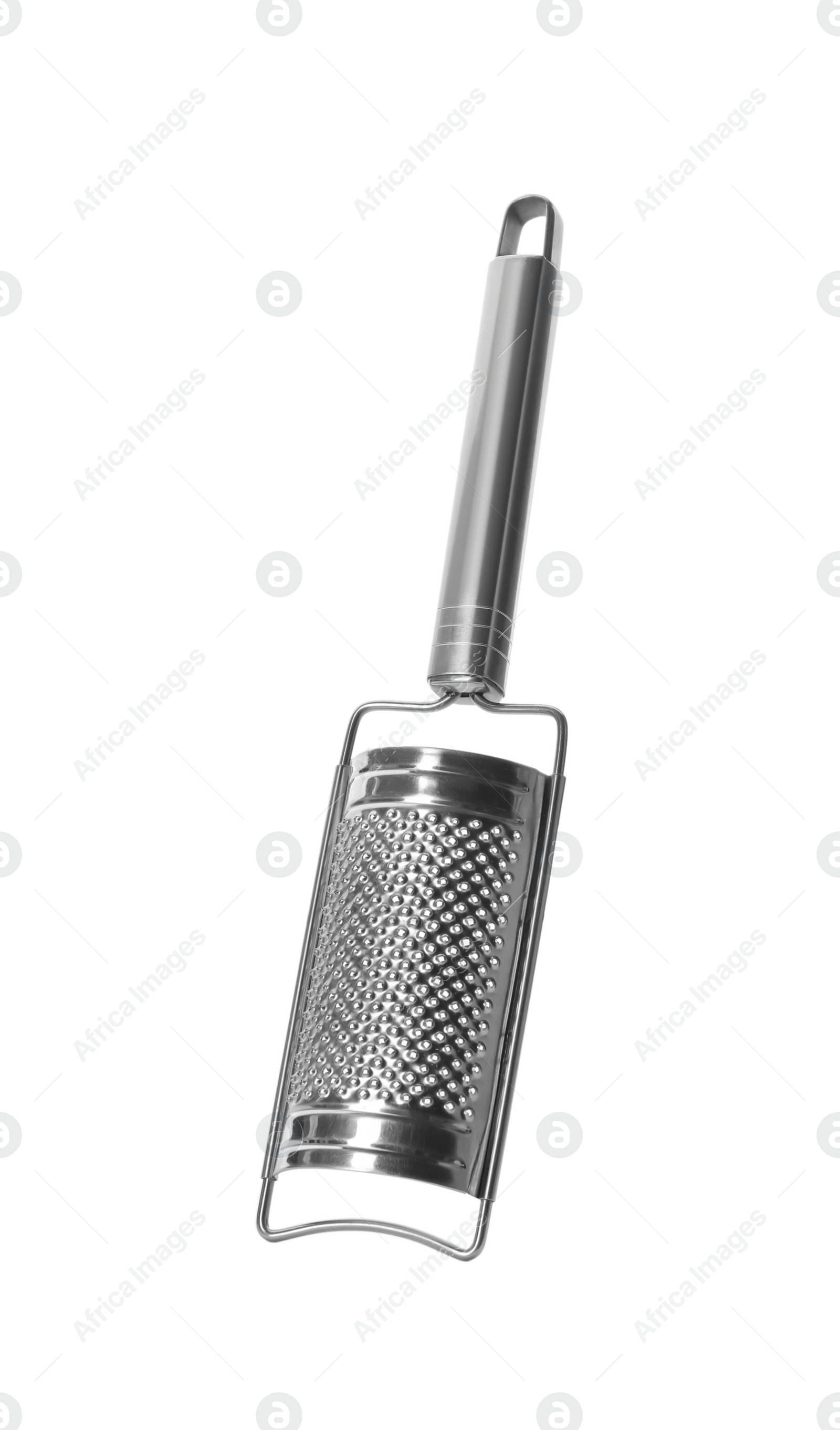 Photo of Stainless steel grater on white background. Kitchen utensil