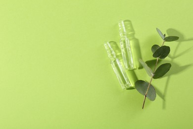 Glass ampoules with liquid and leaves on light green background, top view. Space for text