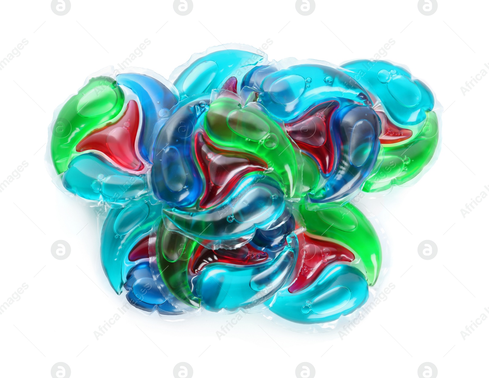 Photo of Heap of laundry capsules on white background, top view