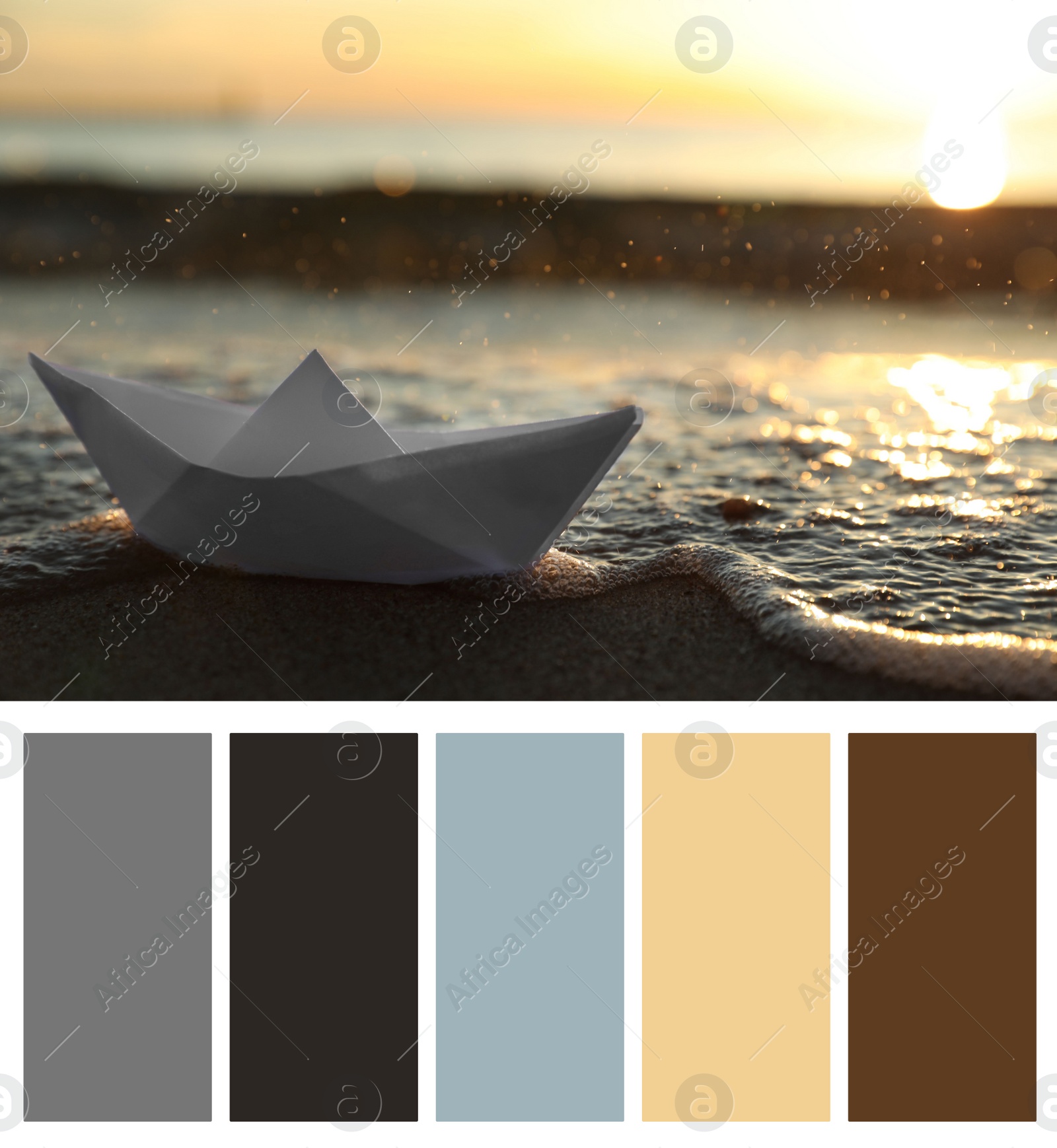 Image of Color palette appropriate to photo of white paper boat on beach near sea at sunset