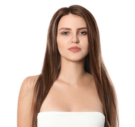 Photo of Young woman with strong healthy hair on white background