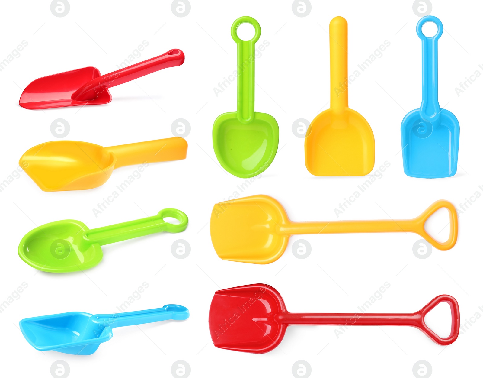 Image of Different bright plastic toy shovels on white background, collage 