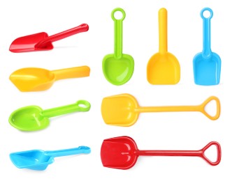 Image of Different bright plastic toy shovels on white background, collage 