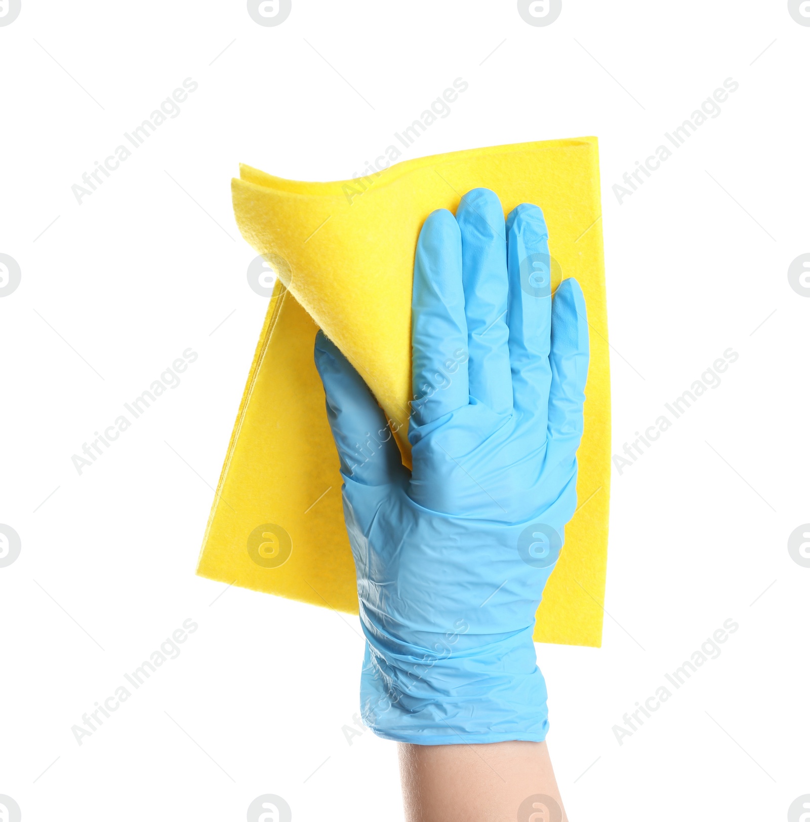 Photo of Woman in blue latex gloves with rag on white background, closeup of hand