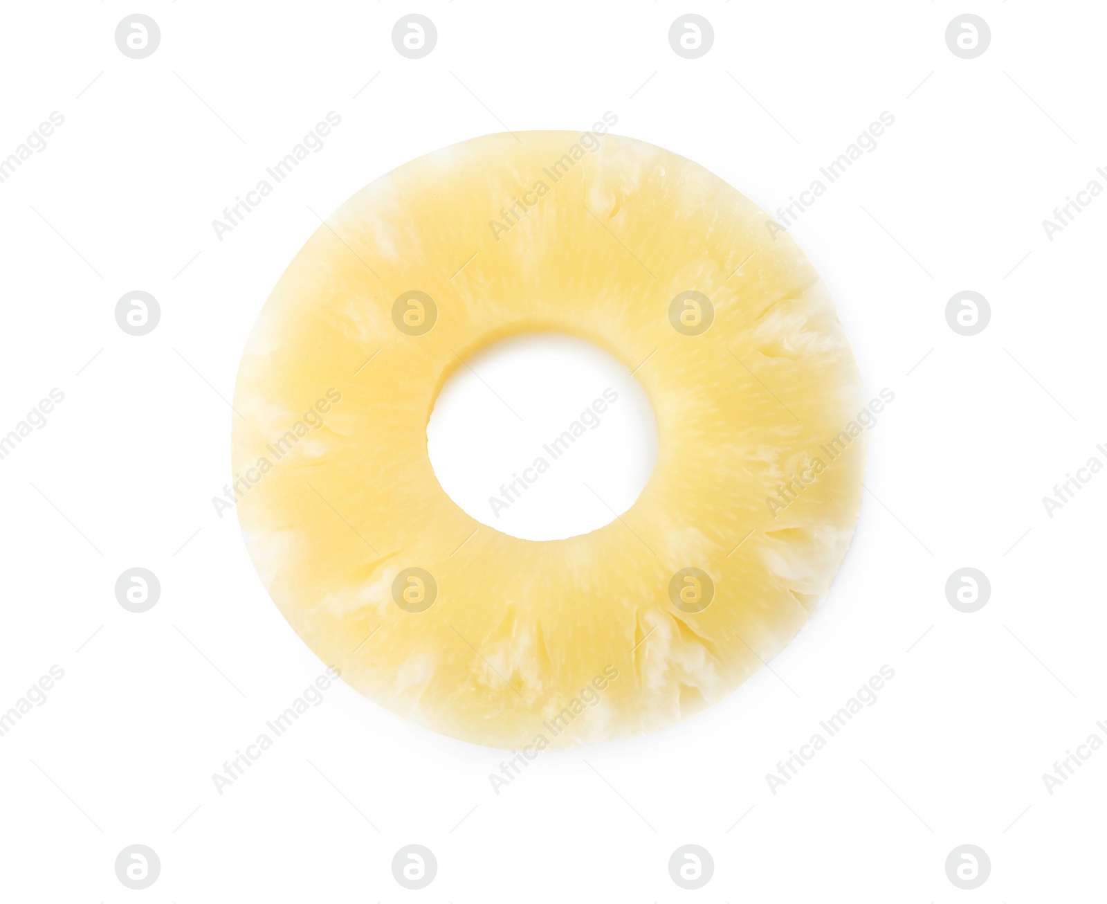 Photo of Delicious canned pineapple ring on white background, top view