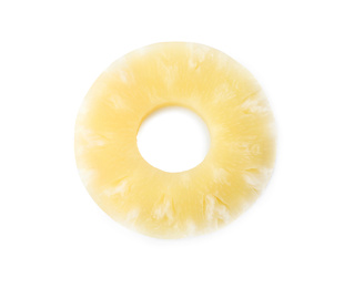 Photo of Delicious canned pineapple ring on white background, top view