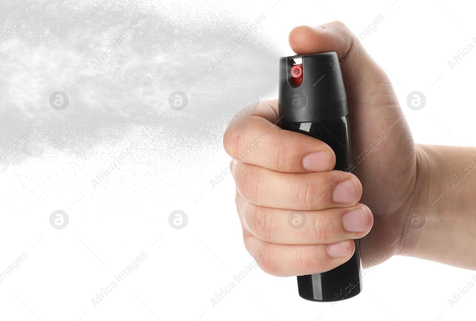 Image of Man using pepper spray on white background, closeup