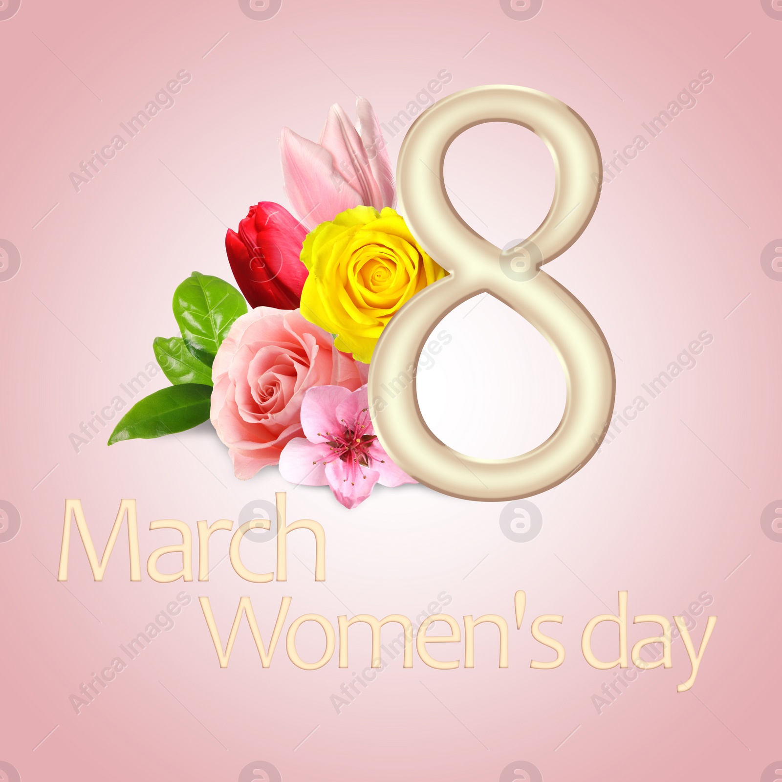 Image of March 8 - International Women's Day. Greeting card design with number 8 and flowers on pink background