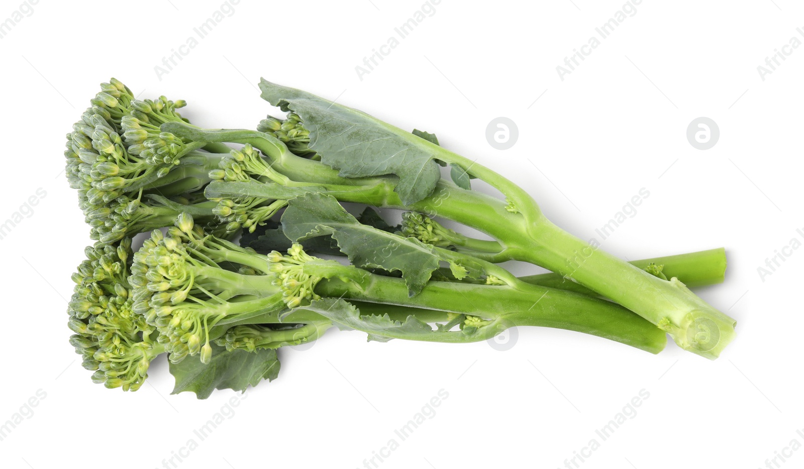 Photo of Fresh raw broccolini isolated on white, top view. Healthy food